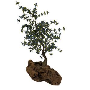 Vintage Seventies Bonsai Wire Blue Green Flowering Beaded Tree Driftwood